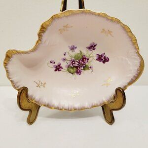 Vtg Hand Painted Lefton Leaf Shaped Gold Rim Purple Floral Candy Trinket Dish